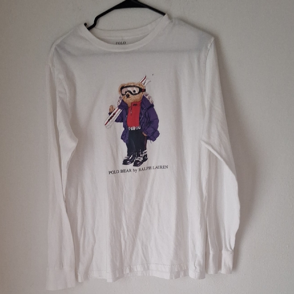 Ralph Lauren White Long Sleeve Polo Bear Graphic Tee with Purple Jacket